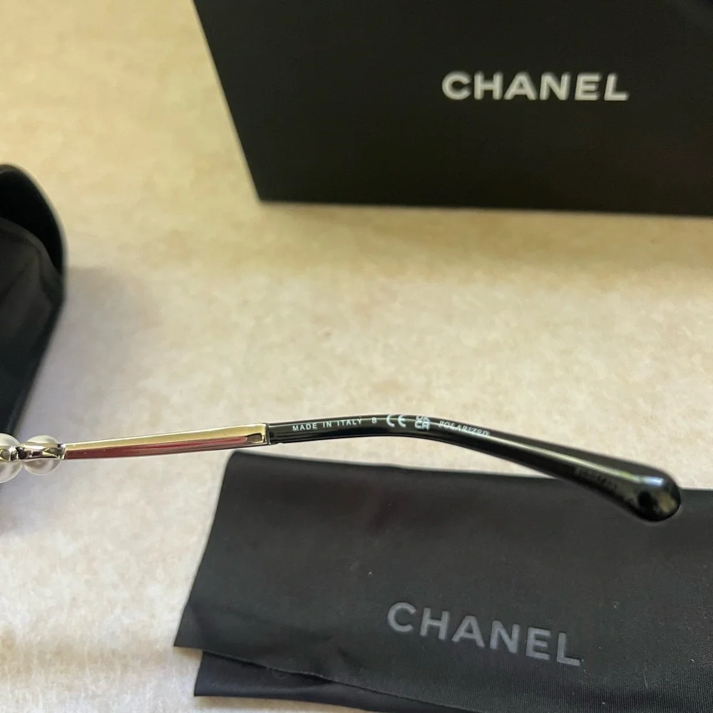 Chanel Black Square Sunglasses with Pearl Detail